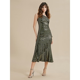 Foto: Midi jurk met pailletten en strepen ruches n schouder women s clothing dresses oudjaarsjurken 