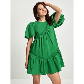 Foto: Dames katoenen knielange jurk groen casual pofmouwen ronde hals zomer women s clothing dresses casua