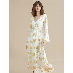 Foto: Midi jurk met v hals van chiffon goudfolie en bloemenprint women s clothing dresses print 