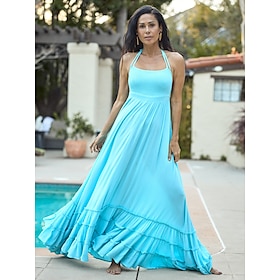 Foto: Damesresort maxi jurk gesmokte taille blauwe elegante halterhals cami strandbedekking women s clothi