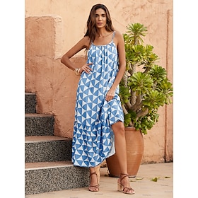 Foto: Baksteenrode geometrische gesmokte cami jurk women s clothing dresses print 