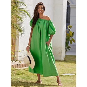 Foto: Katoenen maxi jurk voor dames casual resortkleding vakantiejurk groene losse pasvorm off shoulder bl