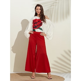 Foto: Satijn bedrukte culottes met pofmouwen en koude schouders women s clothing two piece sets 