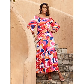 Foto: Jurk met geometrische curve en off shoulder pofmouwen women s clothing dresses print 