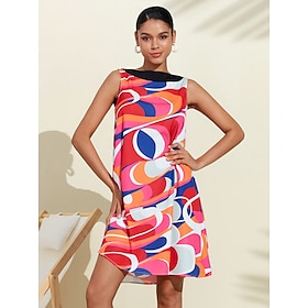 Foto: Satijnen fanny kleurrijke geometrische gestroomlijnde printjurk women s clothing dresses print 