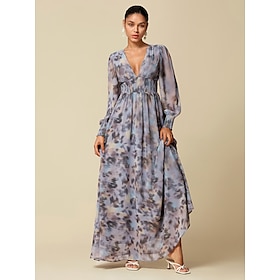 Foto: Dames maxi jurk bruiloftsgast blauw lange mouw bloemen planten chiffon print lente amp herfstjurk me