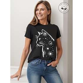 Foto: Dames t shirt 100 katoen kat huis casual dagelijks print korte mouw ronde hals zwart herfst lente zo