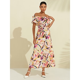 Foto: Satijnen resort midi jurk met zoete ruchesprint women s clothing dresses print 