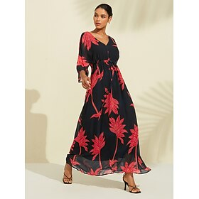 Foto: Dames jurk met print maxi zwart 3 4 mouw blad opdrukken bloem planten lente zomer v hals strandstijl