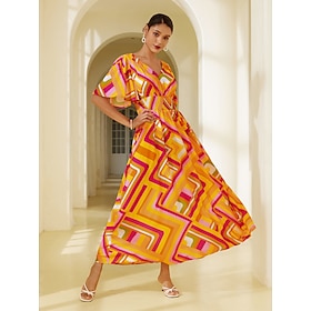 Foto: Dames chiffon jurk maxi oranje korte mouw geometrisch opdrukken lente zomer v hals patroon s m l wom