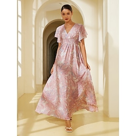 Foto: Chiffon bruiloftsgast bloemen v hals korset maxi jurk women s clothing dresses print 