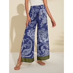 Foto: Dames broek met wijde pijpen maxi vakantie paisley donker marine zomer s m l women clothing bottoms 