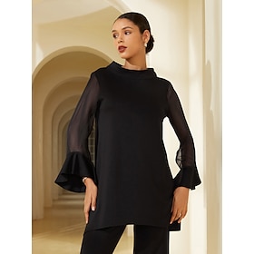 Foto: Dames blouse chiffon modaal effen kleur alledaagse kleding afspraakje uitgaan flare manchet mouw mes