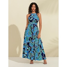 Foto: Dames chiffon jurk maxi blauw paars mouwloos bloemig ruche opdrukken lente zomer ronde patroon xs s 