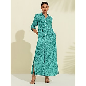 Foto: Dames shirtjurk jurk met print maxi blauw groen luipaardprint mouwen oprollen paillet zomer overhemd