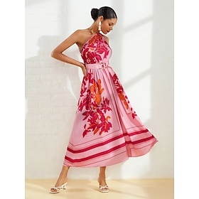 Foto: Dames jurk met print maxi blozend roze mouwloos bloemig bloemen stijl gesp zomer e n schouder jurken