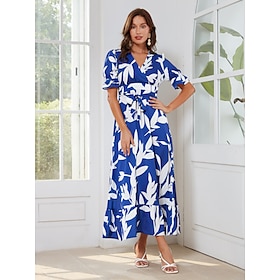 Foto: Dames elegante jurk maxi koningsblauw korte mouw bloemenprint contrastkleur pofmouw lente zomer e n 