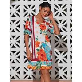 Foto: Dames jurk met print mini oranje halve mouw bloemen stijl opdrukken zomer v hals jurken vakantie xs 