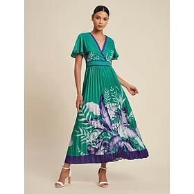 Foto: Dames groene jurk maxi groen korte mouw bloemen geplooid stijl zomer v hals afspraakje s m l women c