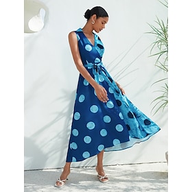 Foto: Dames midi jurk halflange blauw mouwloos kleurenblok polkadot opdrukken met riem lente zomer v hals 