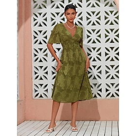 Foto: Dames elegante jurk geel groen korte mouw jacquard lente zomer v hals afspraakje vakantie s m l wome