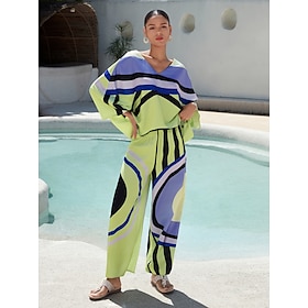 Foto: Bijpassende sets met satijnen geometrische meerkleurige magyar mouwen women s clothing two piece set