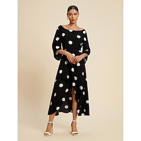 Foto: Dames elegante jurk halflange zwart 3 4 mouw polkadot asymetrische zoom uit de schouder lente zomer 