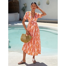 Foto: Dames midi jurk maxi oranje korte mouw geometrisch met riem lente zomer v hals patroon s m l women c