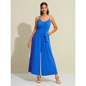 Foto: Koningsblauwe mouwloze jumpsuit met bandjes en zak veters women s clothing jumpsuits rompers 