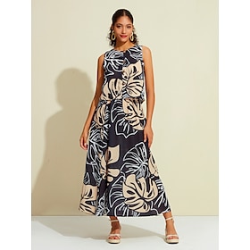 Foto: Dames opdrukken palmblad ronde casual dagelijks rok jurk mouwloos zwart s m l lente zomer women clot