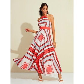 Foto: Dames swingjurk jurk met halternek resortkleding maxi rood mouwloos geometrisch patroon gordijn houd