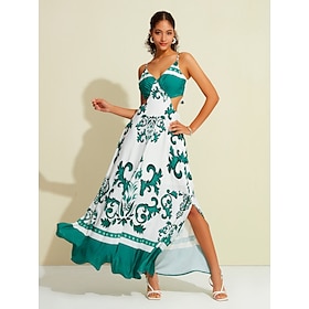 Foto: Dames slipdress satijn maxi groen mouwloos flora botanisch kuitlint hol tot taille zomer v hals sexy