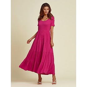 Foto: Tencel maxi jurk met ronde hals en ruches aan de zoom voor bruiloftsgasten women s clothing dresses 