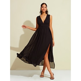 Foto: Mouwloze maxi jurk van chiffon bruiloftsgast gesmokte split diepe halslijn women s clothing dresses 