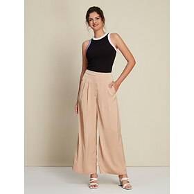 Foto: Casual tank en satijnen broek met wijde pijpen tweedelige set in contrastkleur women s clothing two 