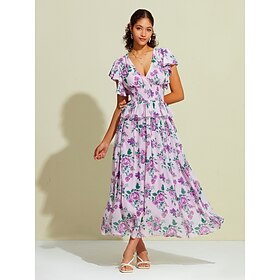 Foto: Maxi jurk van chiffon met fladdermouwen en v hals women s clothing dresses print 