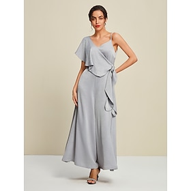 Foto: Satijnen bruiloftsgast cape mouw v hals party jumpsuit women s clothing jumpsuits rompers 