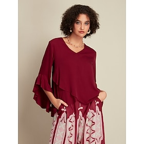 Foto: Dames effen kleur casual dagelijks flare manchet mouw rood ruche 3 4 strakke ronde hals peplum meerd