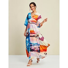 Foto: Gebreide grafische veelkleurige maxi jurk met zeeleven en 3 4 mouwen women s clothing dresses maxi j