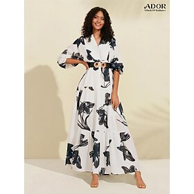 Foto: Dames swingjurk jurk met print maxi zwart wit bloem planten denim riem zomer v hals vakantie patroon