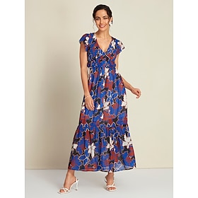 Foto: Dames chiffon jurk met print elegante maxi blauw korte mouw blad planten gesmokt lente zomer v hals 
