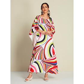 Foto: Dames swingjurk kaftanjurk jurk met print maxi regenboog raglansleev geometrisch kleurenblok extra g