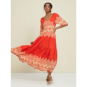 Foto: Dames losse jurk resortkleding maxi oranje halve mouw folk opdrukken lente zomer v hals vakantie s m