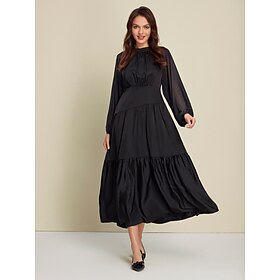 Foto: Satijn en chiffon bruiloftsgast asymmetrische maxi jurk met gestrikte achterkant lange mouwen women 