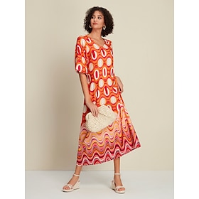 Foto: Dames swingjurk jurk met print losse maxi oranje halve mouw lijnen golven opdrukken lang lente zomer