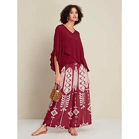Foto: Blouse met ronde hals en casual maxi broek wijde pijpen tweedelige set ruche flare manchetten folkpr