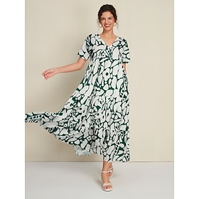 Foto: Dames swingjurk jurk met print resortkleding maxi groen korte mouw kleurblokpatroon bloem planten op