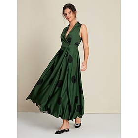 Foto: Dames zoom maxi jurk groen mouwloos stip zomer lente herfst overhemdkraag v hals elegant s m l women