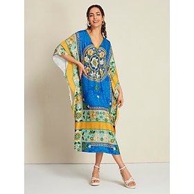 Foto: Dames satijnen jurk kaftan halflange blauw raglansleev bandana afdruk elastische taille zomer v hals