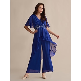 Foto: Chiffon bruiloftsgast pailletten geborduurde jumpsuit met flare manchetten en v hals women s clothin